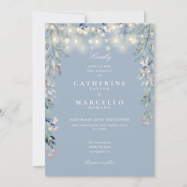 Invitation Tout en un Dusty Blue String éclaire le Mariage fl (Devant)