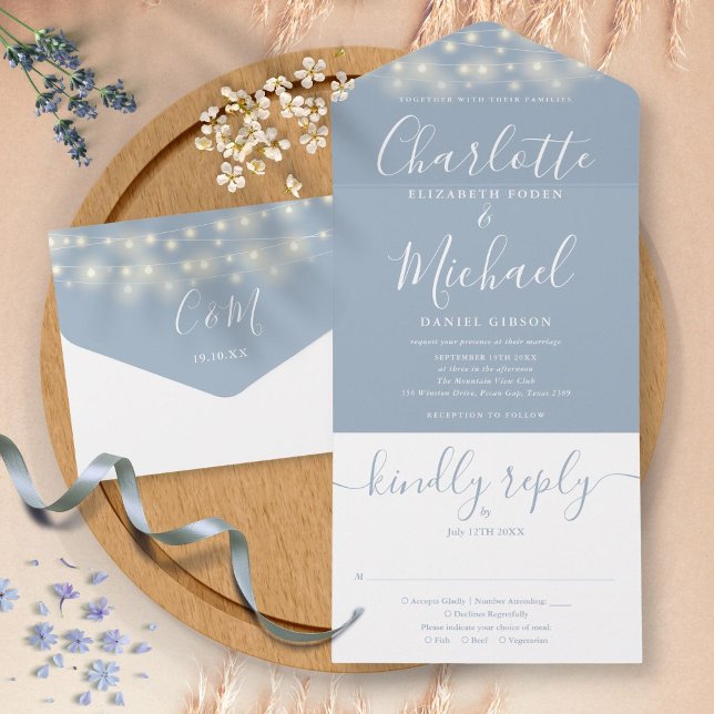 Invitation Tout En Un Dusty Blue String Lumières Élégant Mariage de scri (Créateur téléchargé)