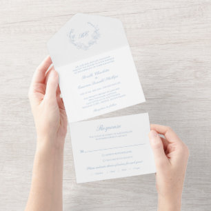 Invitation Tout En Un Dusty Blue Wreath Monogramme Mariage élégant