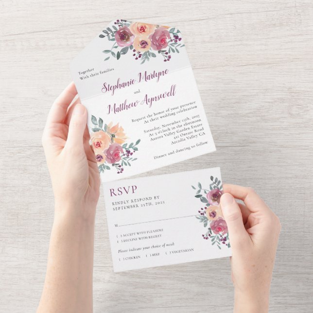 Invitation Tout En Un Dusty Mauve Peach Blush FlorMariage (Déchirure)