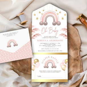 Invitation Tout En Un Dusty Pampas rose Boho Rainbow Girl Baby shower