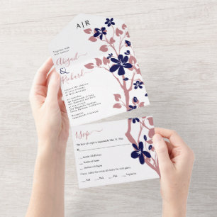 Invitation Tout En Un Dusty rose, branche bleu marine avec mariage de fl