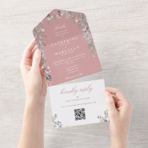 Invitation Tout En Un Dusty Rose Floral Greenery QR Code Mariage