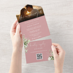 Invitation Tout En Un Dusty Rose Floral Greenery QR Code Mariage Photo