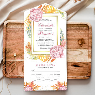 Invitation Tout En Un Dusty rose Floral or séché Palm Feuille Mariage