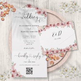Invitation Tout En Un Dusty Rose Floral QR Code Script Hearts Mariage
