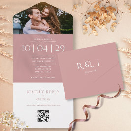 Invitation Tout En Un Dusty Rose Monogramme QR Code Mariage photo Date