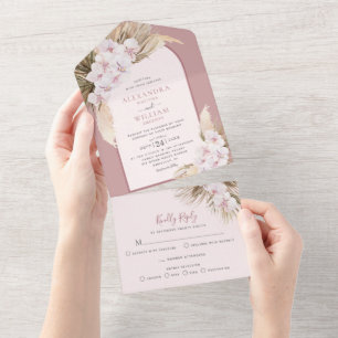 Invitation Tout En Un Dusty Rose Pampas Grass Orchidées Mariage tropical