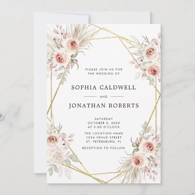 Invitation Tout en un Dusty Rose rose Floral Mariage or (Devant)