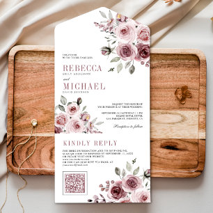 Invitation Tout En Un Dusty Rose rose floral QR Code Mariage