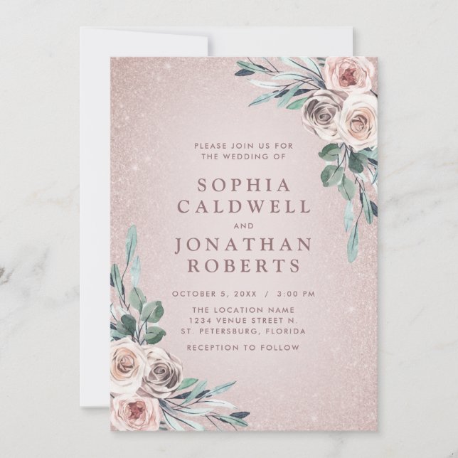 Invitation Tout en un Dusty rose Roses Boho Mariage de Partie (Devant)