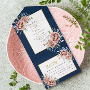 Invitation Tout En Un Eau en terre cuite fleurs or marine mariage