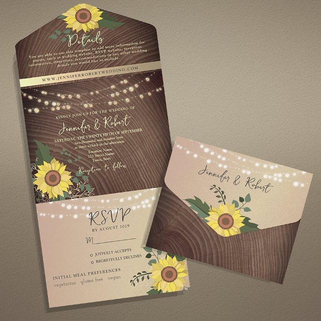 Invitation Tout En Un Éclairages à cordes et Mariage de tournesol rustiq (Créateur téléchargé)
