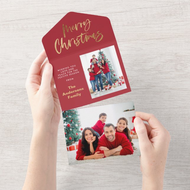 Invitation Tout En Un Ecriture or joyeux noël rouge tartan photo (Déchirure)