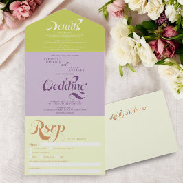 Invitation Tout En Un Écriture vert violet retro boho mariage chic