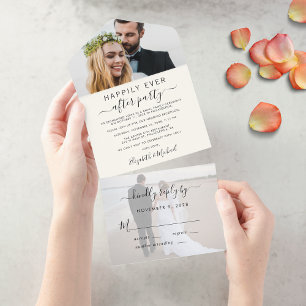 Invitation Tout En Un Élégant 2 Photo Réception de Mariage Crème