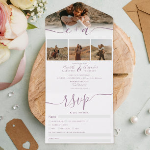 Invitation Tout En Un Elégant 4 Photos mauve blanc script moderne mariag
