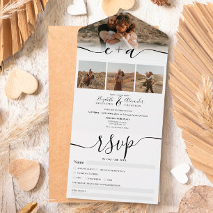 Invitation Tout En Un Elégant 4 Photos noir blanc mariage de script mode