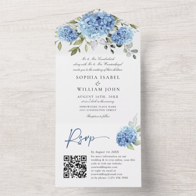 Invitation Tout En Un Elégant aquarelle bleu Hydrangea QR code Mariage (À l'intérieur)