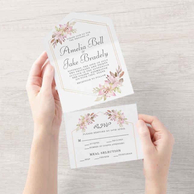 Invitation Tout En Un Elégant Aquarelle Blush Pink Lys Mariage (Déchirure)