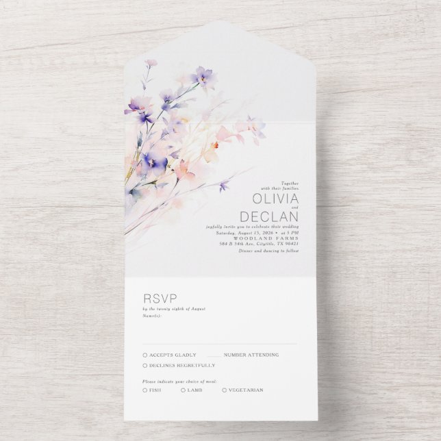 Invitation Tout En Un Elégant Aquarelle douce Fleurs Mariage violet (À l'intérieur)