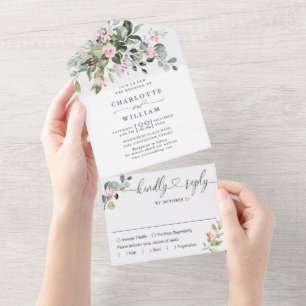 Invitation Tout En Un Elégant Aquarelle Eucalyptus Blush Rose Mariage