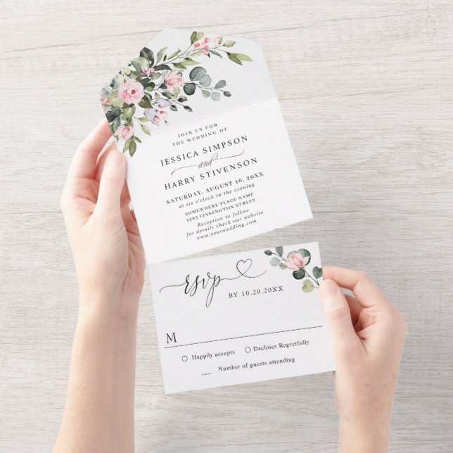 Invitation Tout En Un Elégant Aquarelle Eucalyptus Blush Rose Mariage (Déchirure)