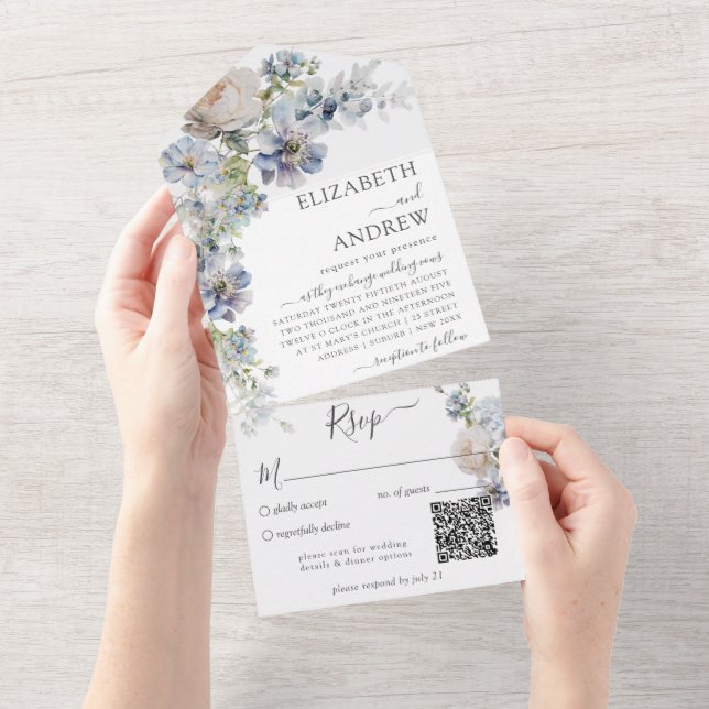 Invitation Tout En Un Elégant aquarelle Floral Qr Code (Déchirure)