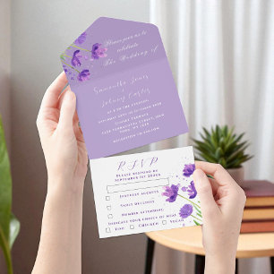 Invitation Tout En Un Élégant aquarelle mariage floral lavande violet