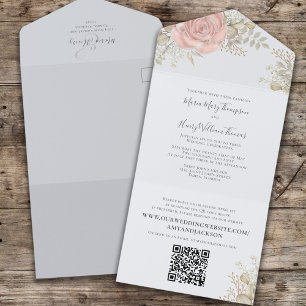 Invitation Tout En Un Elégant Aquarelle Rose Gold QR Code Site Web