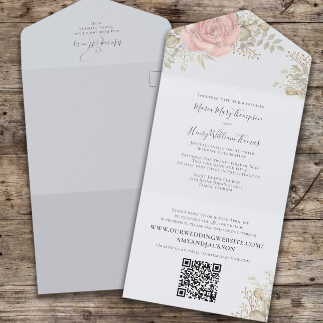 Invitation Tout En Un Elégant Aquarelle Rose Gold QR Code Site Web (Créateur téléchargé)