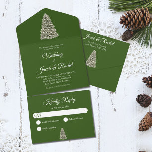 Invitation Tout En Un Élégant arbre de Noël Lit sur Mariage vert foncé