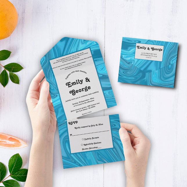 Invitation Tout En Un Élégant Art moderne Bleu Abstrait Vague Mariage (Créateur téléchargé)