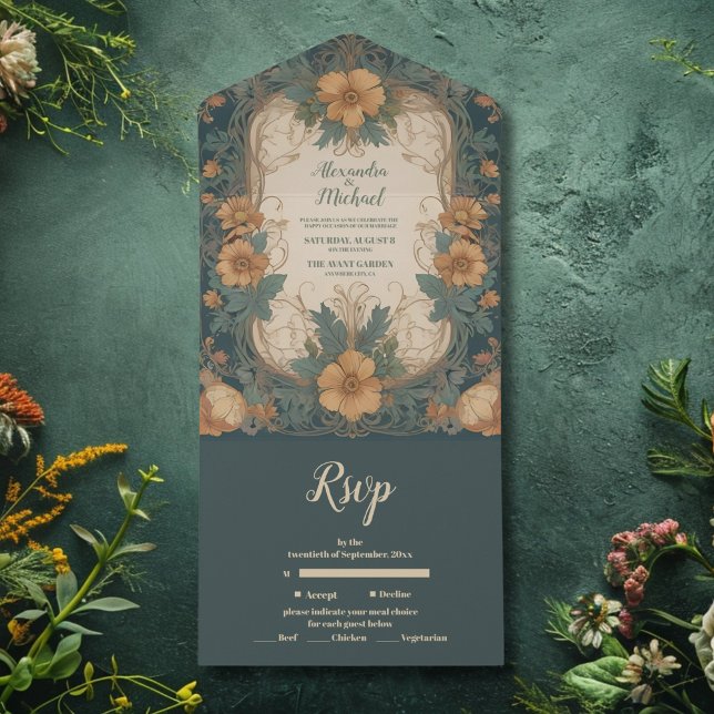 Invitation Tout En Un Élégant Art Nouveau Floral Mariage (Créateur téléchargé)
