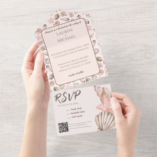 Invitation Tout En Un Elegant Beach Seashell All in One Wedding Invite (Déchirure)
