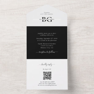 Invitation Tout En Un Élégant blanc et noir Mariage des initiales de mon
