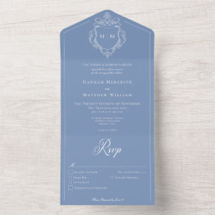 Invitation Tout En Un Elégant bleu Chinoiserie Bird Crest Mariage