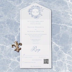 Invitation Tout En Un Elégant bleu Chinoiserie Bird Crest Mariage QR