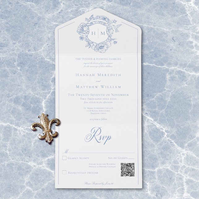Invitation Tout En Un Elégant bleu Chinoiserie Bird Crest Mariage QR (Elegant Blue Chinoiserie Bird Crest Wedding QR All In One Invitation)