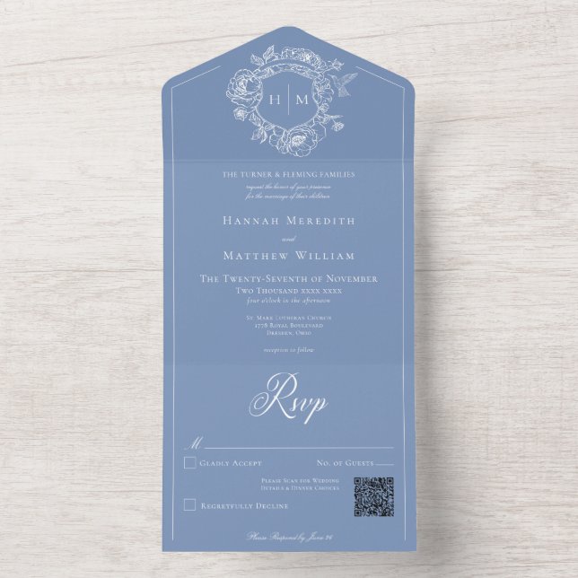 Invitation Tout En Un Elégant bleu Chinoiserie Bird Crest Mariage QR (À l'intérieur)