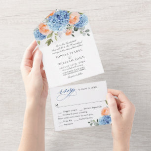 Invitation Tout En Un Élégant bleu Hydrangea rose Rose Mariage
