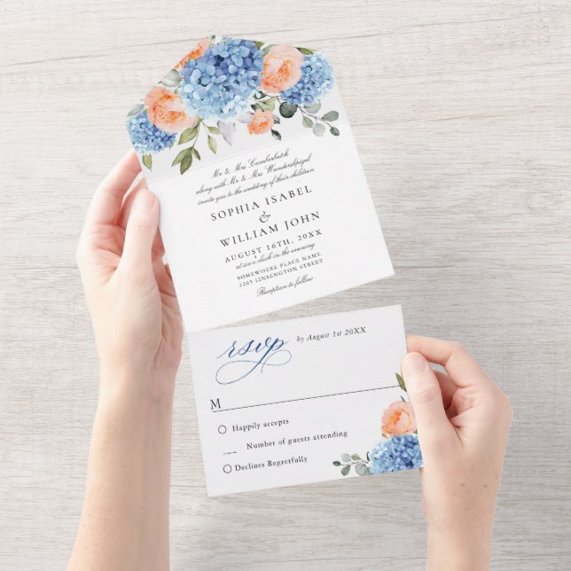 Invitation Tout En Un Élégant bleu Hydrangea rose Rose Mariage (Déchirure)