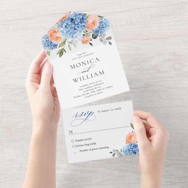 Invitation Tout En Un Élégant bleu Hydrangea rose Rose Mariage (Déchirure)