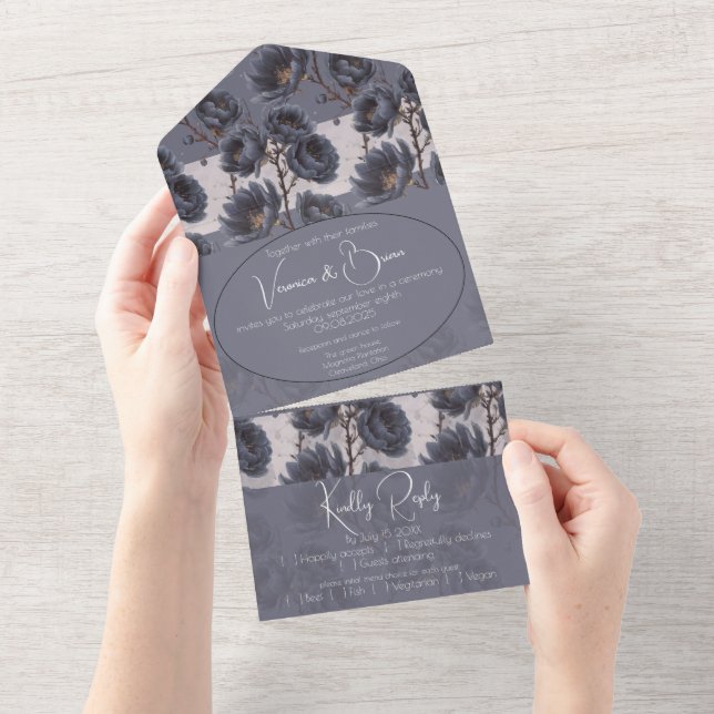 Invitation Tout En Un Elégant bleu marine mariage bleu floral (Déchirure)