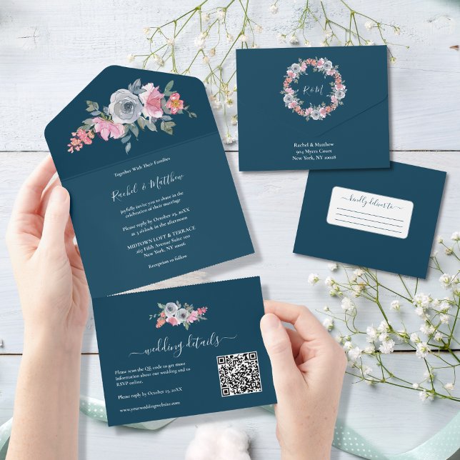 Invitation Tout En Un Elégant bleu rose Aquarelle Mariage (Créateur téléchargé)