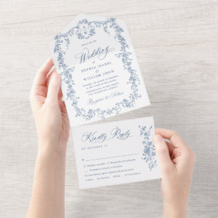 Invitation Tout En Un Elégant bleu roux Mariage de jardin
