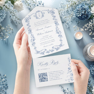 Invitation Tout En Un Elégant bleu roux Mariage de jardin