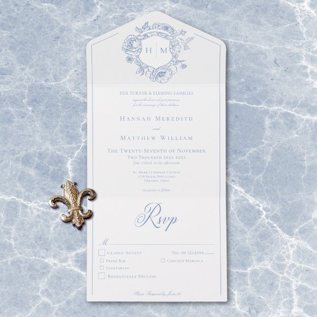 Invitation Tout En Un Elégant Blue Chinoiserie Bird Crest Mariage Dîner (Elegant Blue Chinoiserie Bird Crest Wedding Dinner All In One Invitation)