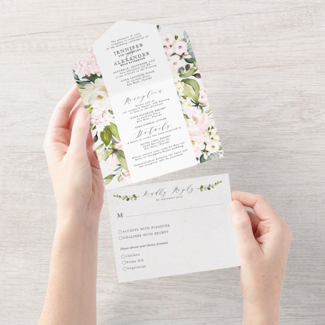 Invitation Tout En Un Élégant Blush Floral & Mariage d'eucalyptus (Déchirure)