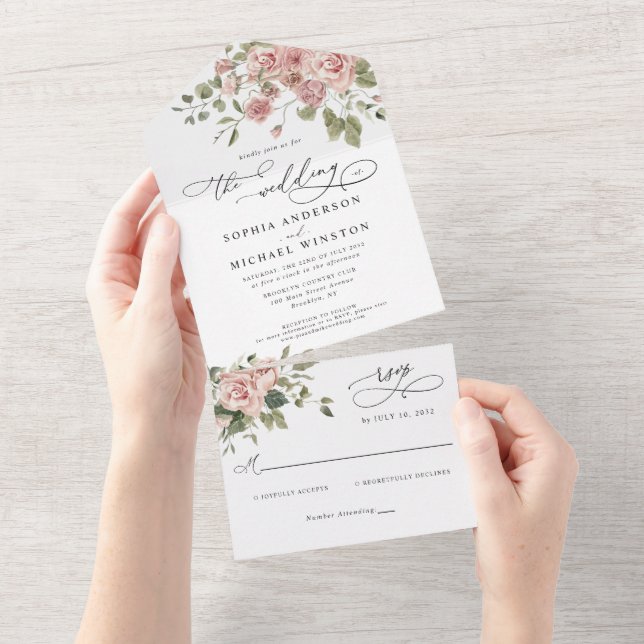 Invitation Tout En Un Élégant Blush rose Rose Mariage botanique (Déchirure)